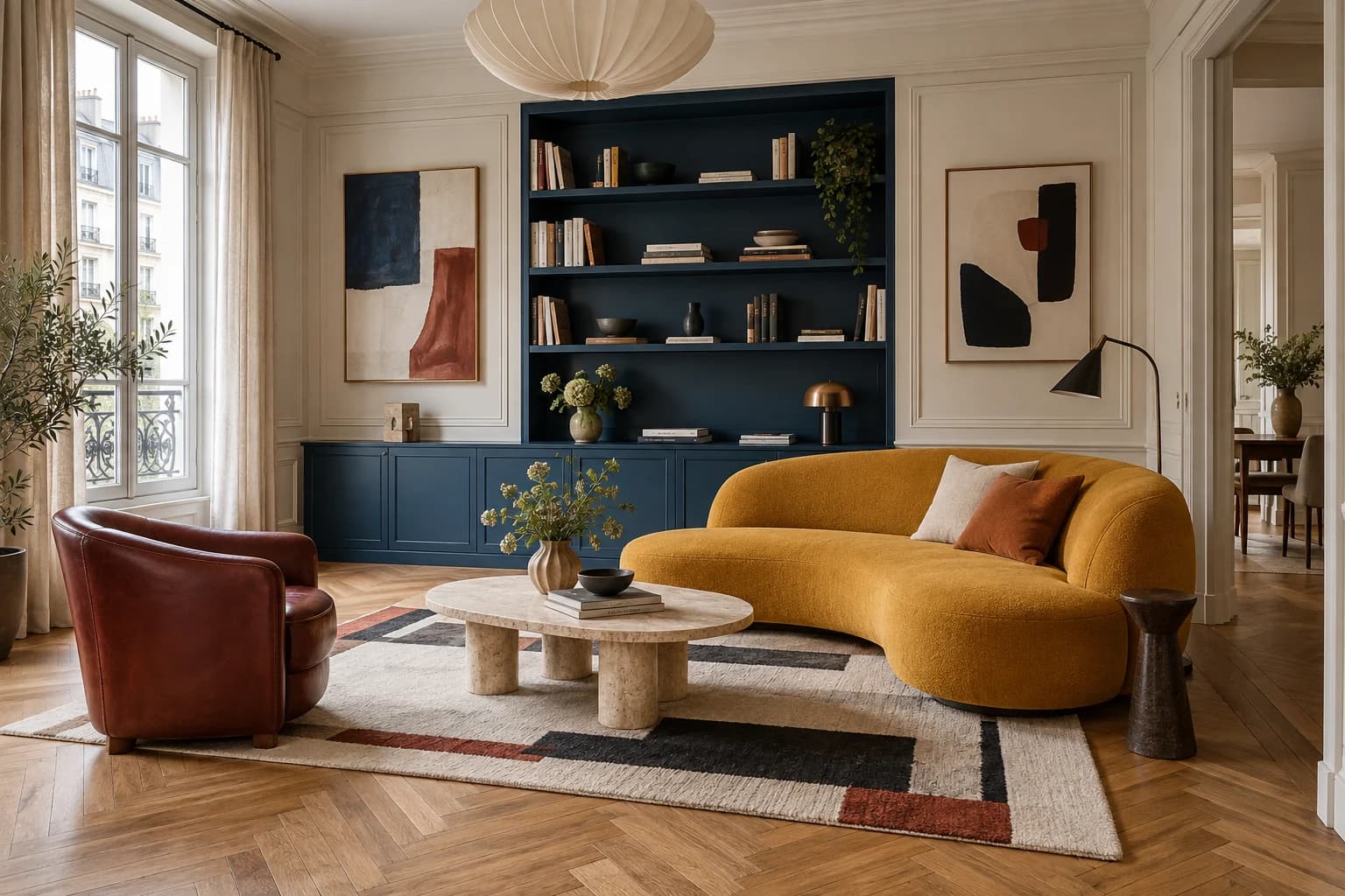 Inspiration de salon au canapé safran, bibliothèque bleue et parquet chaleureux