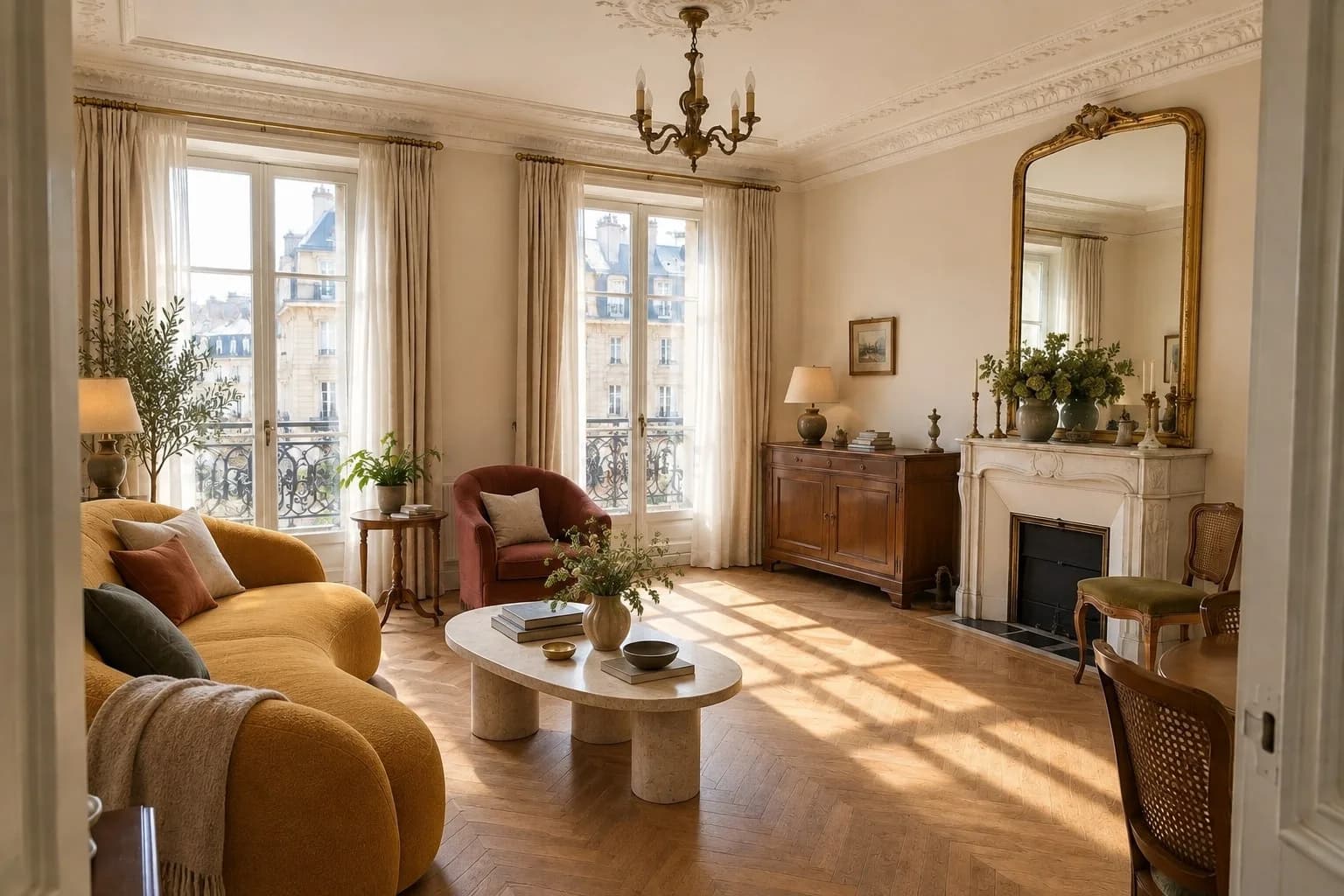 Esquisse IA : le même salon avec des murs clairs, un parquet en chevrons et un canapé safran, cheminée et moulures conservées