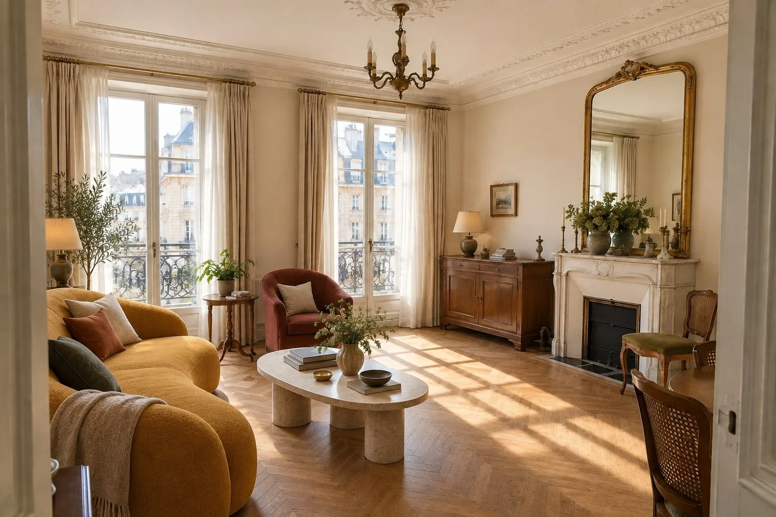 Esquisse IA : le même salon avec des murs clairs, un parquet en chevrons et un canapé safran, cheminée et moulures conservées